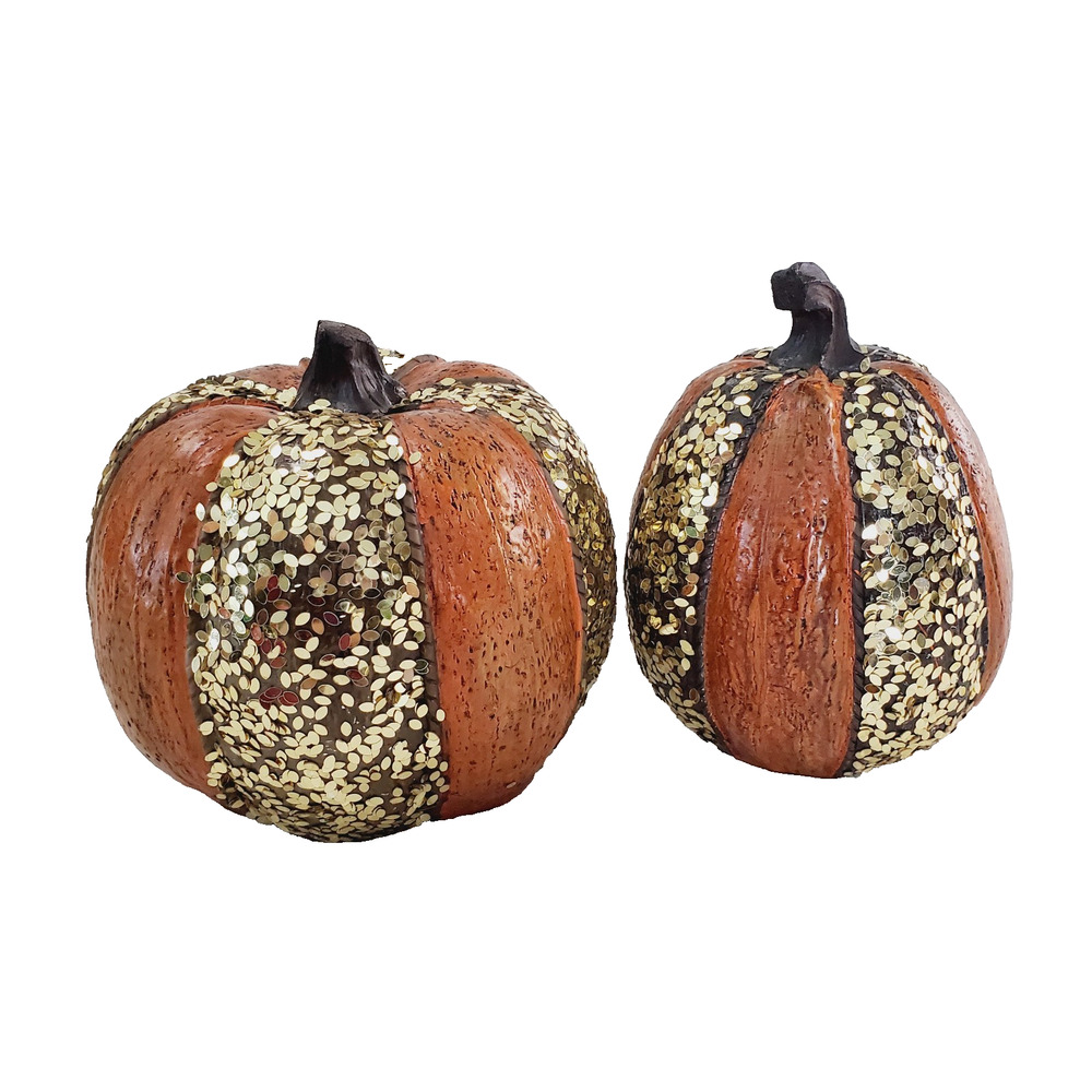 Set of 2 Fall 2019 Autumn Pumpkins Gold Glitter & Orange Resin Decor Halloween